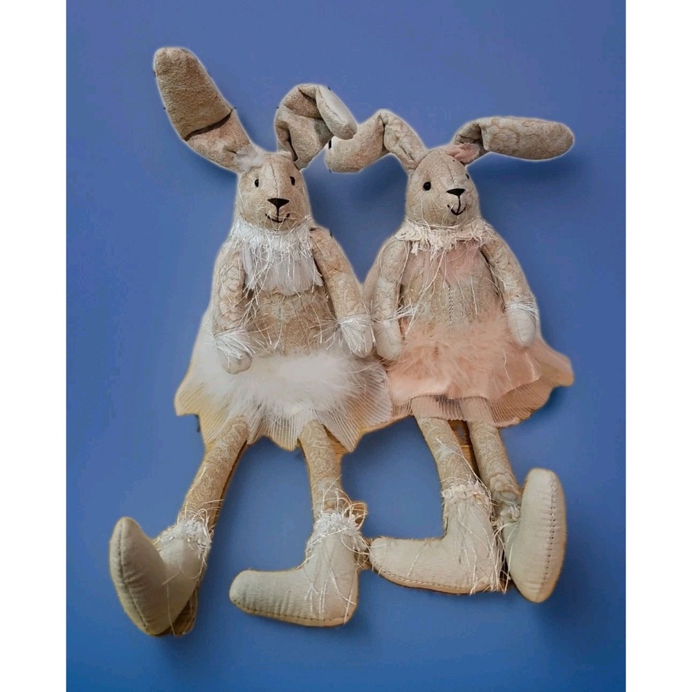 Bella Lux Easter Shelf Sitter Bunny Rabbit Dolls Cream/Pink Damask lot of 2